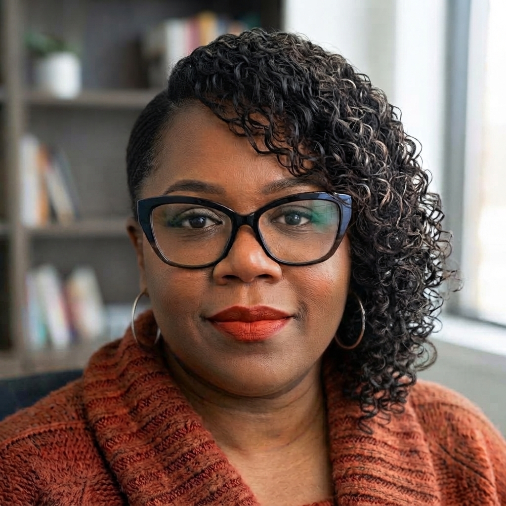 Christel Thompson, Technology Consultant, wearing glasses and a copper sweater